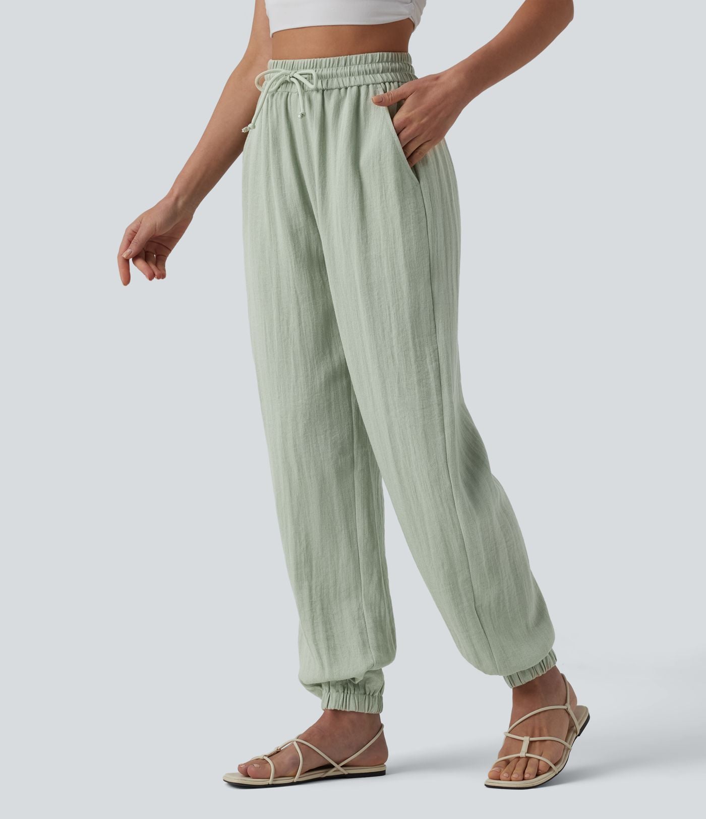 Jogging casual large ample taille haute aspect lin à cordon de serrage avec poches
