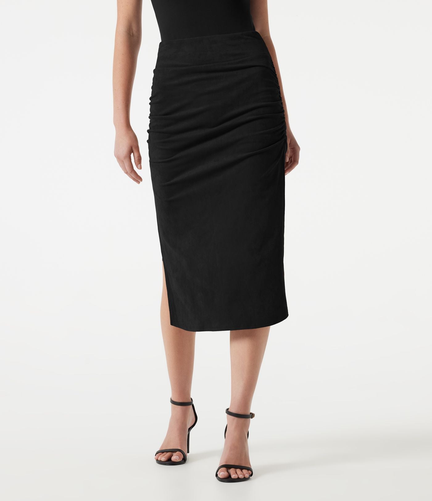 Jupe-short midi moulante taille haute effet ventre plat en suédine froncée