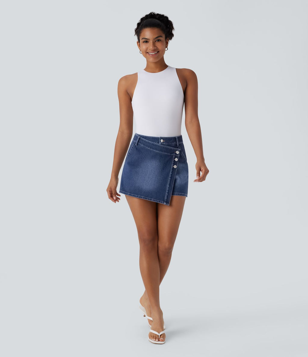 Halara Flex™ Short décontracté en jean extensible effet délavé à taille haute avec poches multiples et détail enveloppant