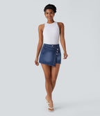 Halara Flex™ Short décontracté en jean extensible effet délavé à taille haute avec poches multiples et détail enveloppant