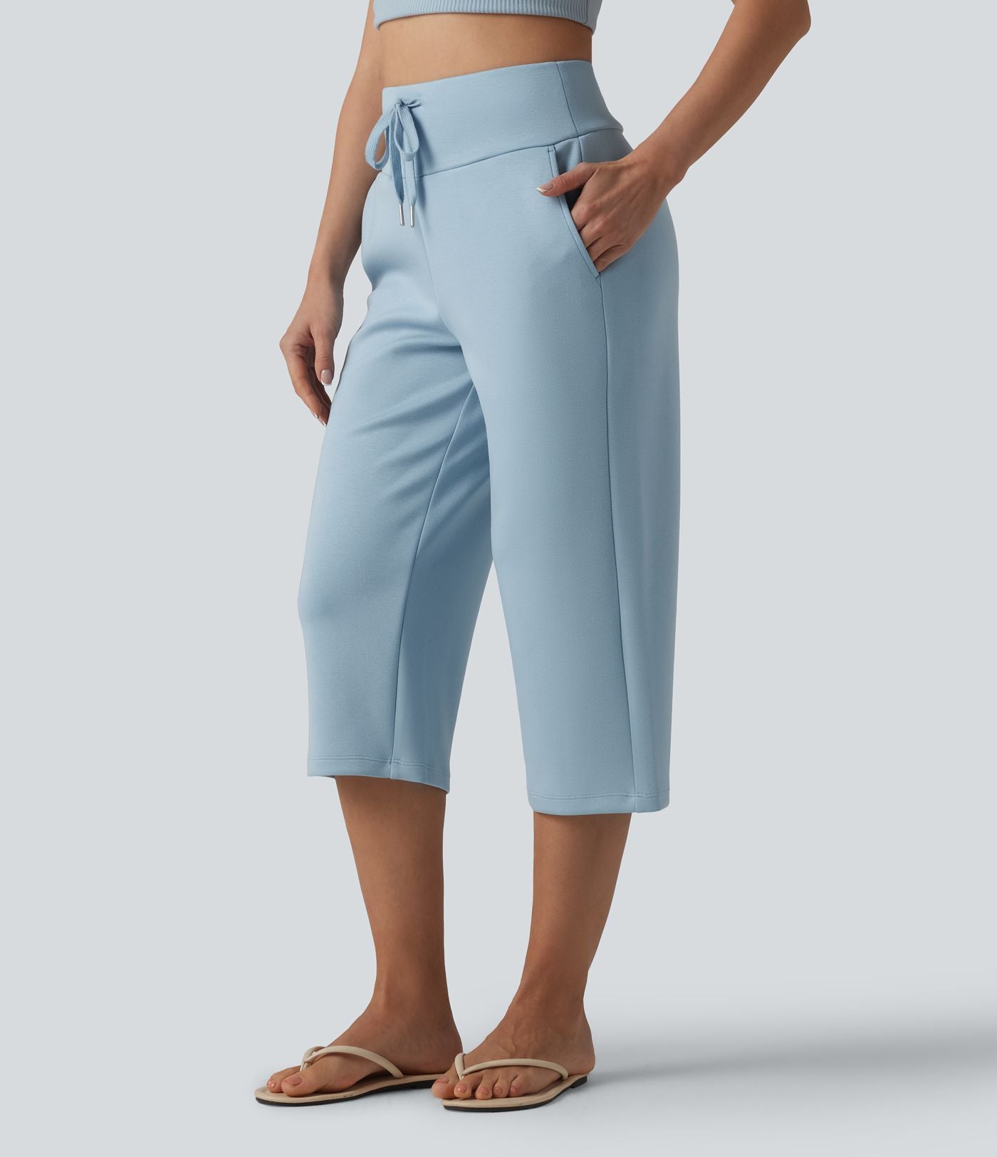 Pantalon Capri décontracté à taille haute, coupe droite, cordon de serrage et poches