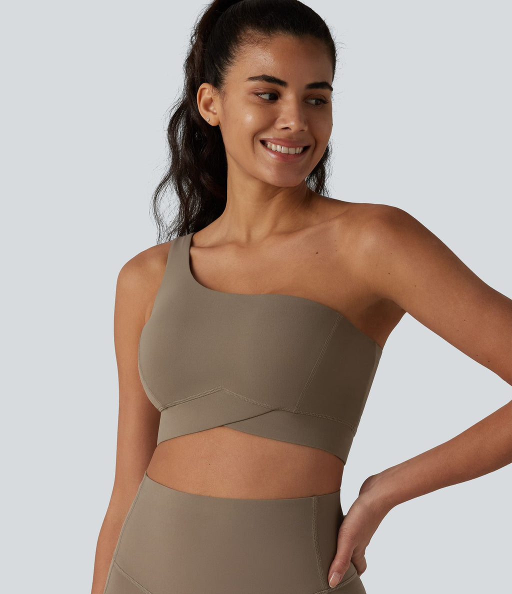 Halara UltraSculpt™ Brassière de sport et yoga à maintien léger, asymétrique une épaule, ourlet croisé avec soutien-gorge intégré
