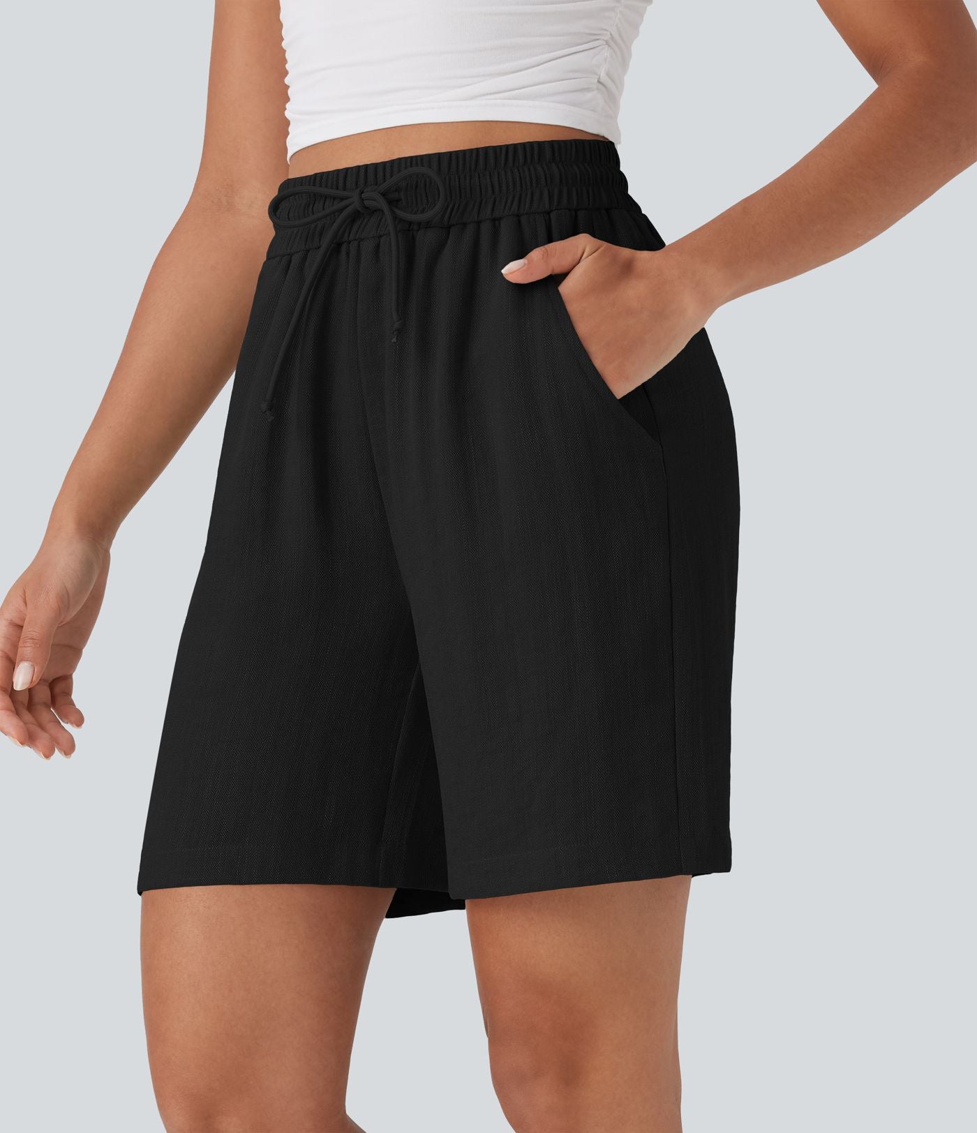 Short décontracté effet lin taille haute avec cordon de serrage et poches latérales