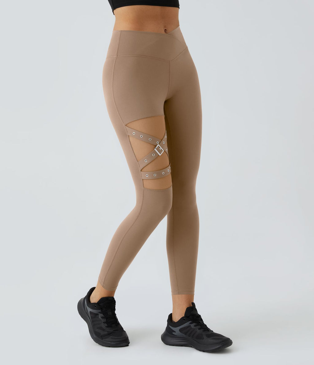Legging yoga croisé taille haute avec mesh contrastant et boucle décorative DayStretch