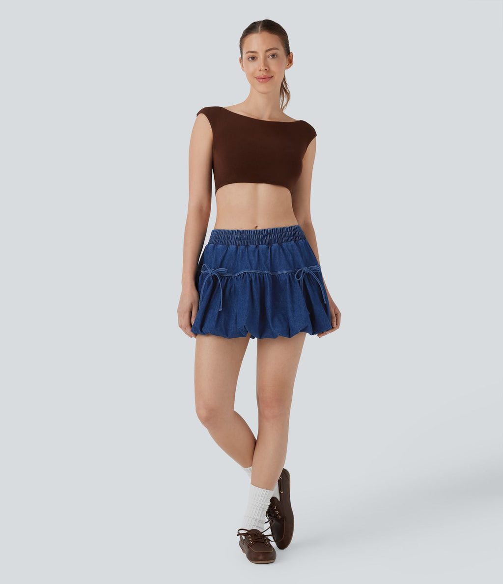 Halara Flex™ jupe-short boule mini 2-en-1 taille moyenne à nœud en jean extensible délavé