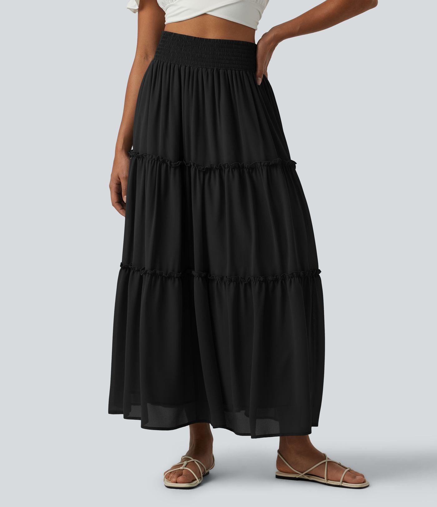 Jupe casual mi-longue à volants étagés et fronces taille haute