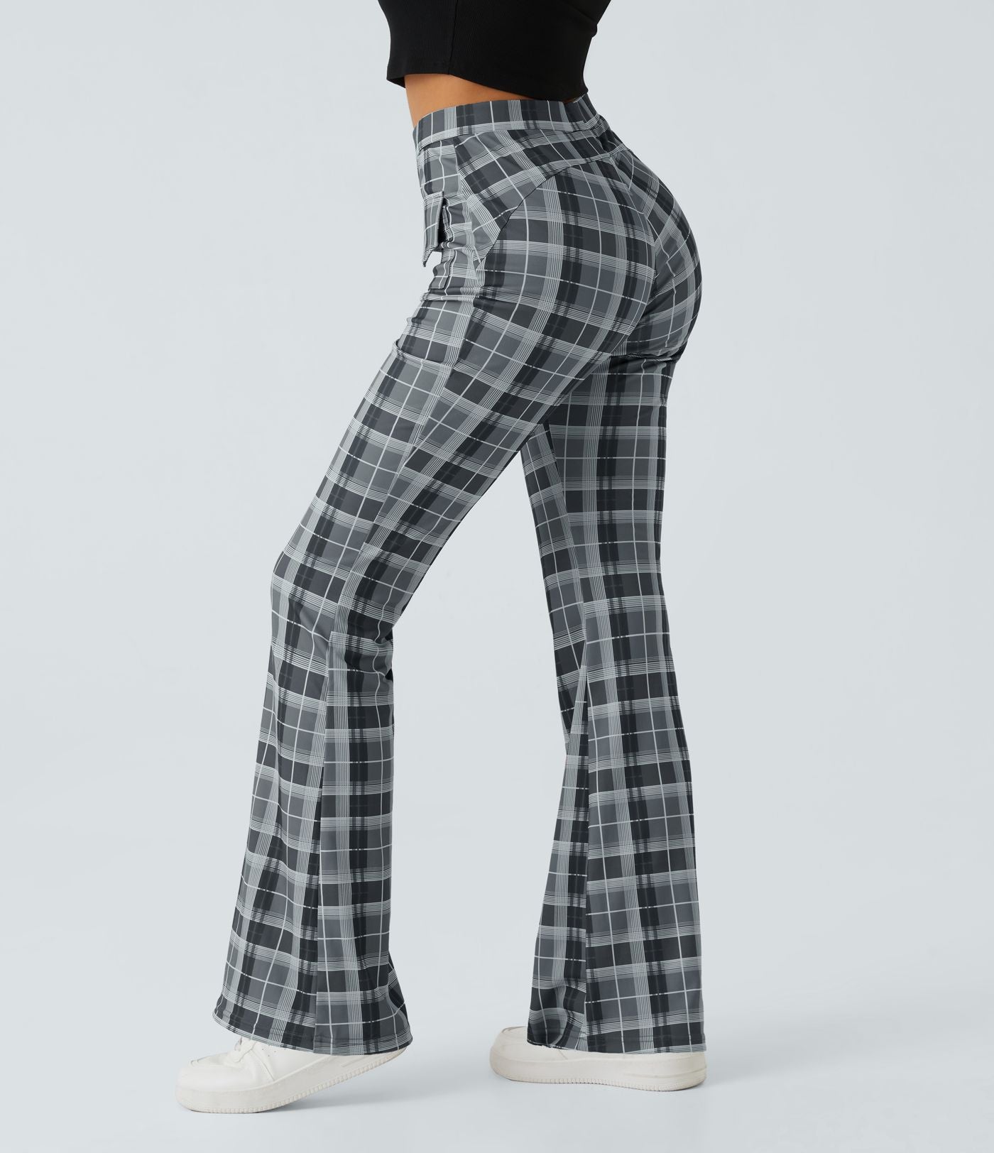 Pantalon Casual à Carreaux Évasé et Taille Haute avec Poches