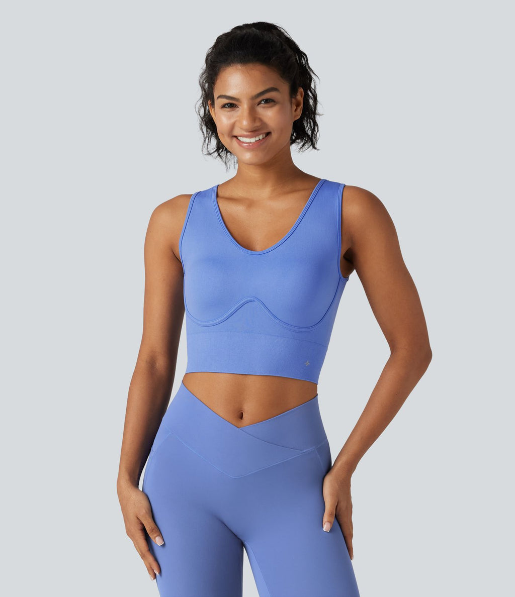 OneForm Seamless Flow Débardeur de yoga court col V avec brassière intégrée et laçage