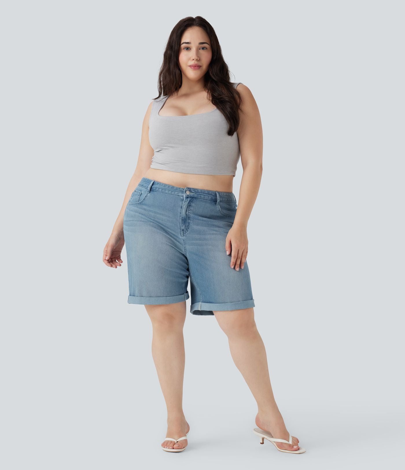 Short bermuda casual denim grande taille Halara Flex™ tricot extensible délavé taille haute multiples poches ourlet roulotté