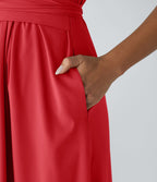 Breezeful™ Robe Mi-Longue Col en V Manches Courtes Poche Latérale Nouée au Dos Séchage Rapide