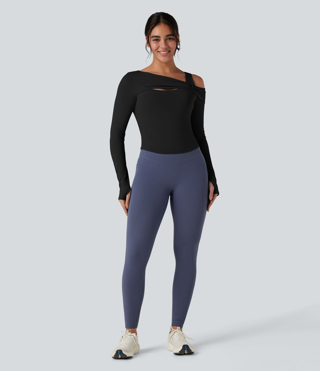 Top de sport yoga épaule asymétrique manches longues avec trous pouces