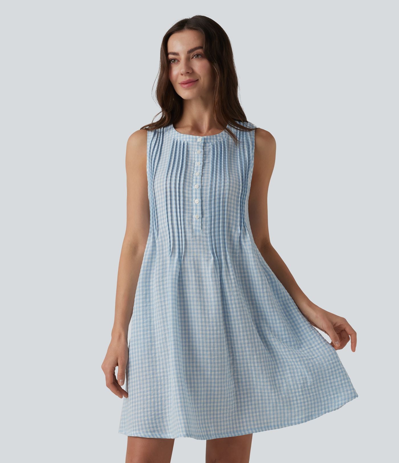 Robe courte sans manches col rond à carreaux aspect lin avec poches
