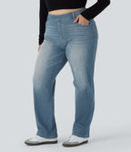 Jean décontracté Halara Flex™ grande taille, taille haute, multiples poches, jambes droites, effet délavé, en maille extensible