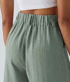 Bermuda Large Fluide Taille Haute avec Plis et Poches Latérales en Lin Synthétique