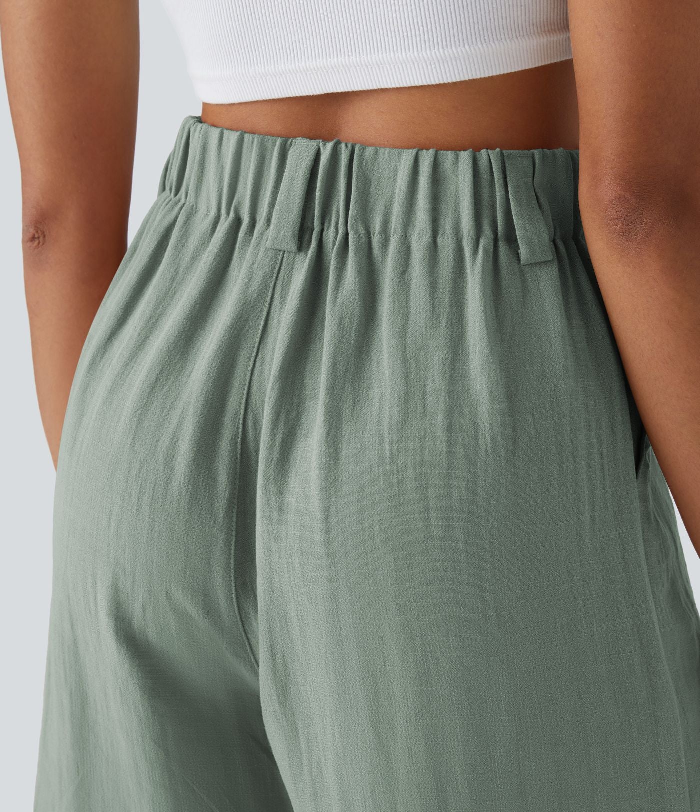 Bermuda Large Fluide Taille Haute avec Plis et Poches Latérales en Lin Synthétique