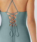 Robe Soirée Midi Encolure Côtelée Dos Nu Lacets Croisés Fendue