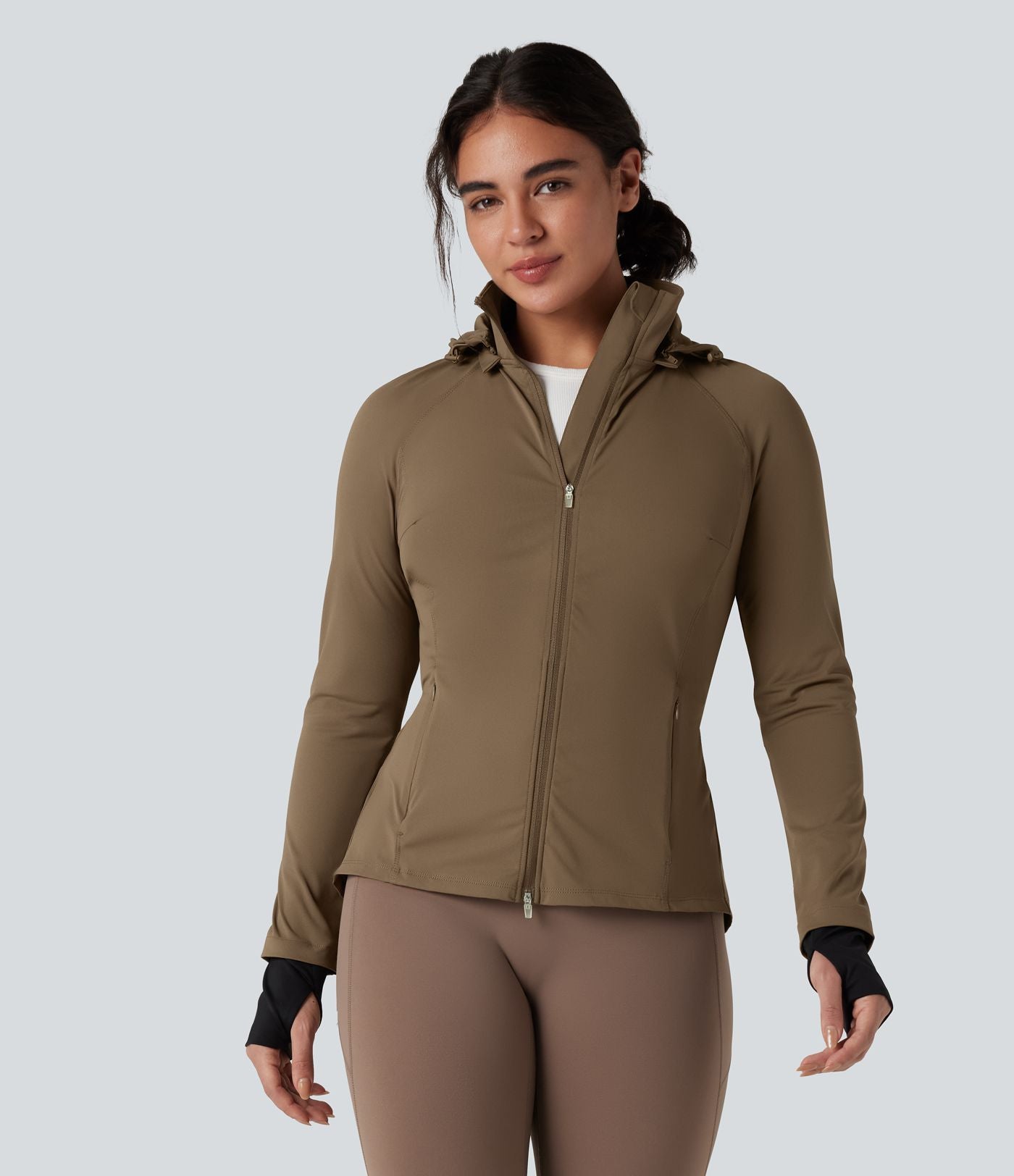 Veste randonnée capuche amovible double zip cordon de serrage avec trous pouces et poches
