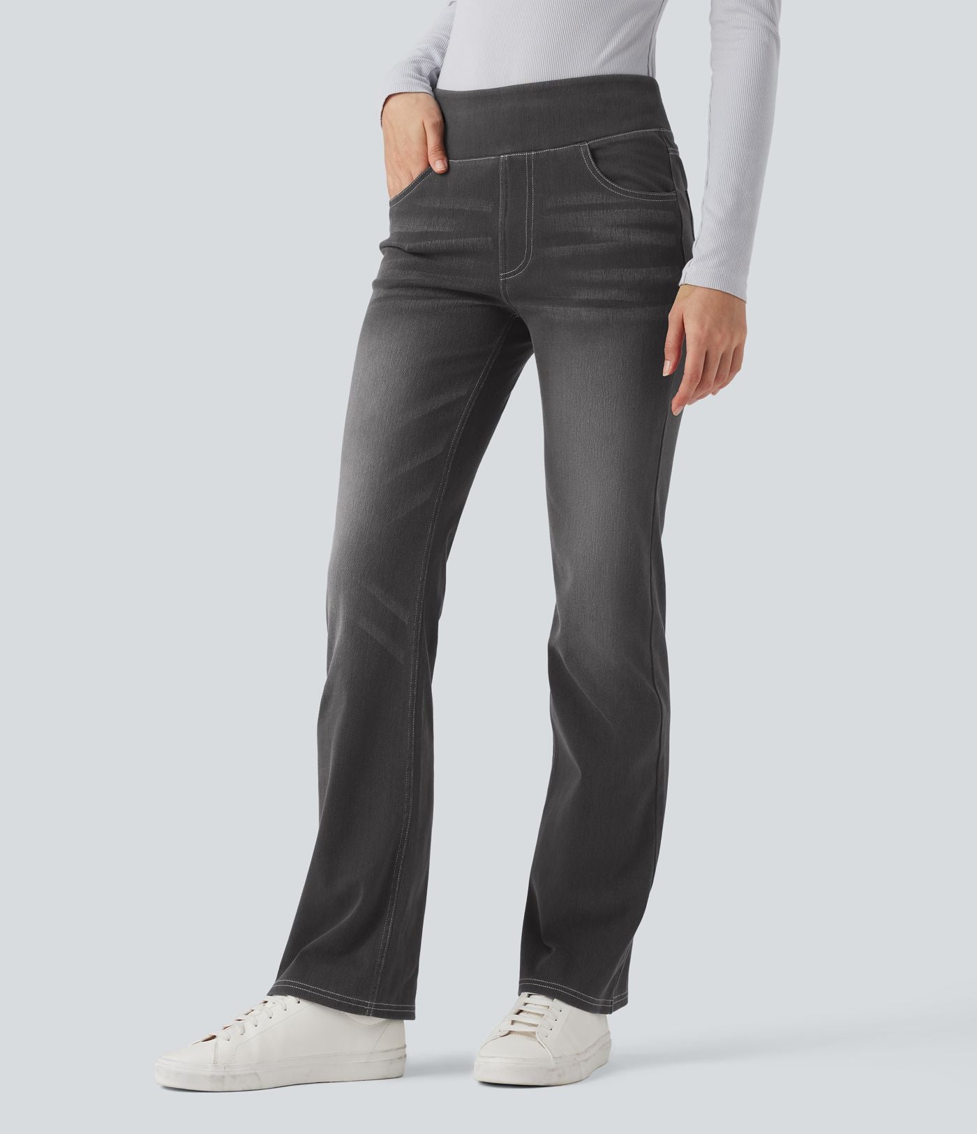 Halara Flex™ Jean bootcut décontracté extensible délavé taille haute à poches multiples