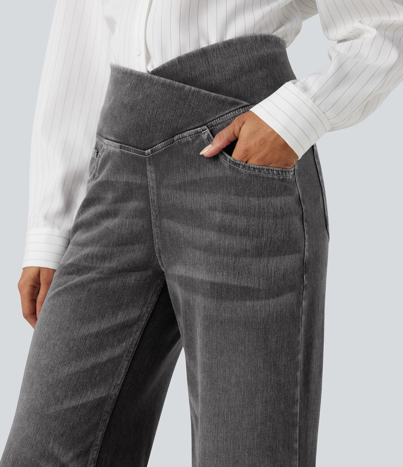 Jean droit décontracté croisé gainant taille haute avec poches Halara Flex™