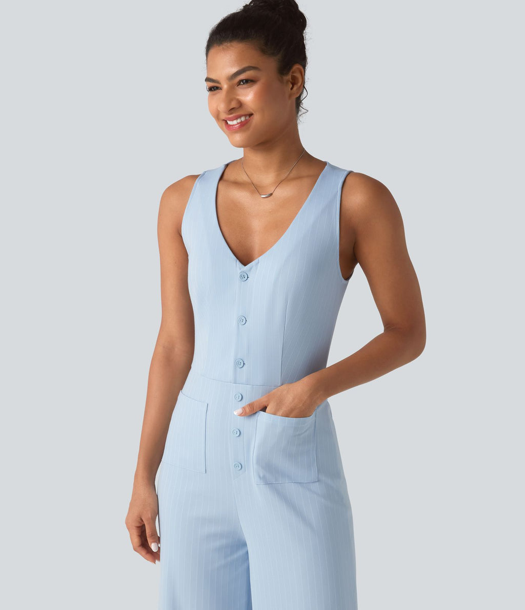 Combinaison tailleur rayée à jambes larges, décolleté en V, découpe et poches