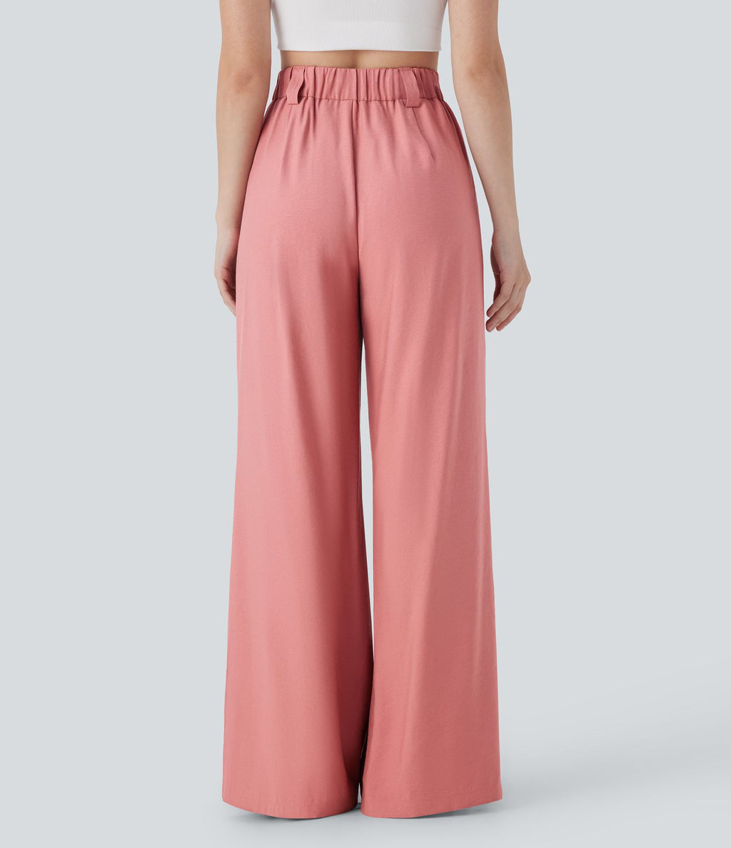 Pantalon large fluide effet lin taille moyenne avec poches