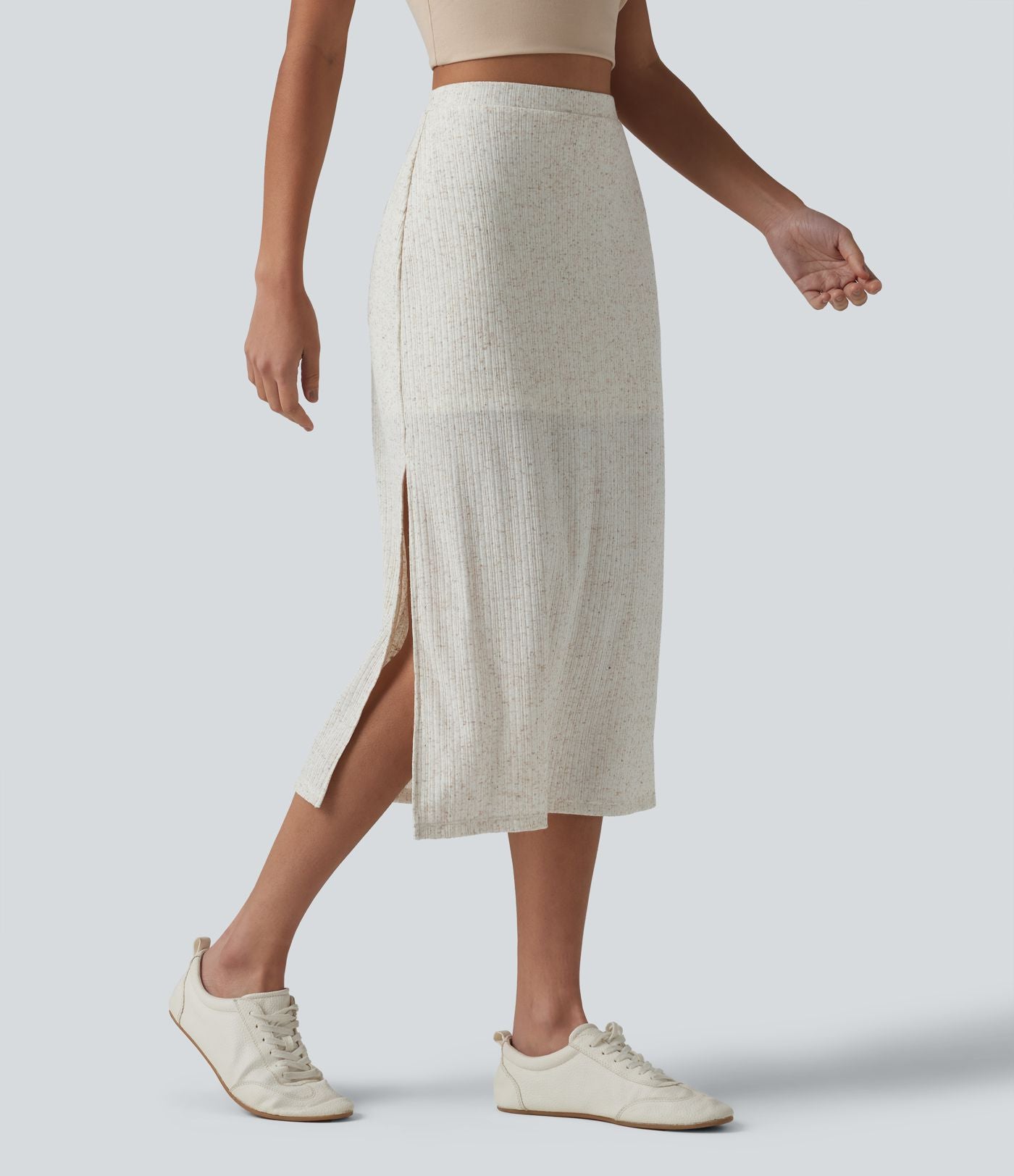 Jupe midi moulante côtelée taille haute aspect lin décontractée