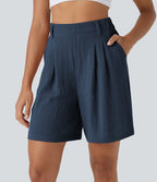 Bermuda Large Fluide Taille Haute avec Plis et Poches Latérales en Lin Synthétique
