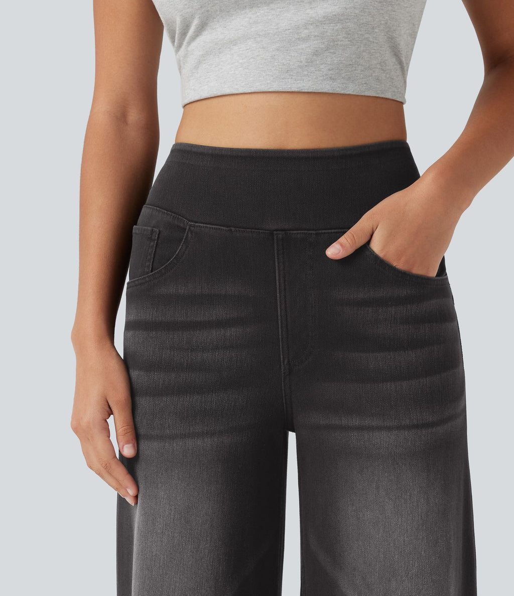 Jean décontracté Halara Flex™ large taille haute effet délavé avec poches