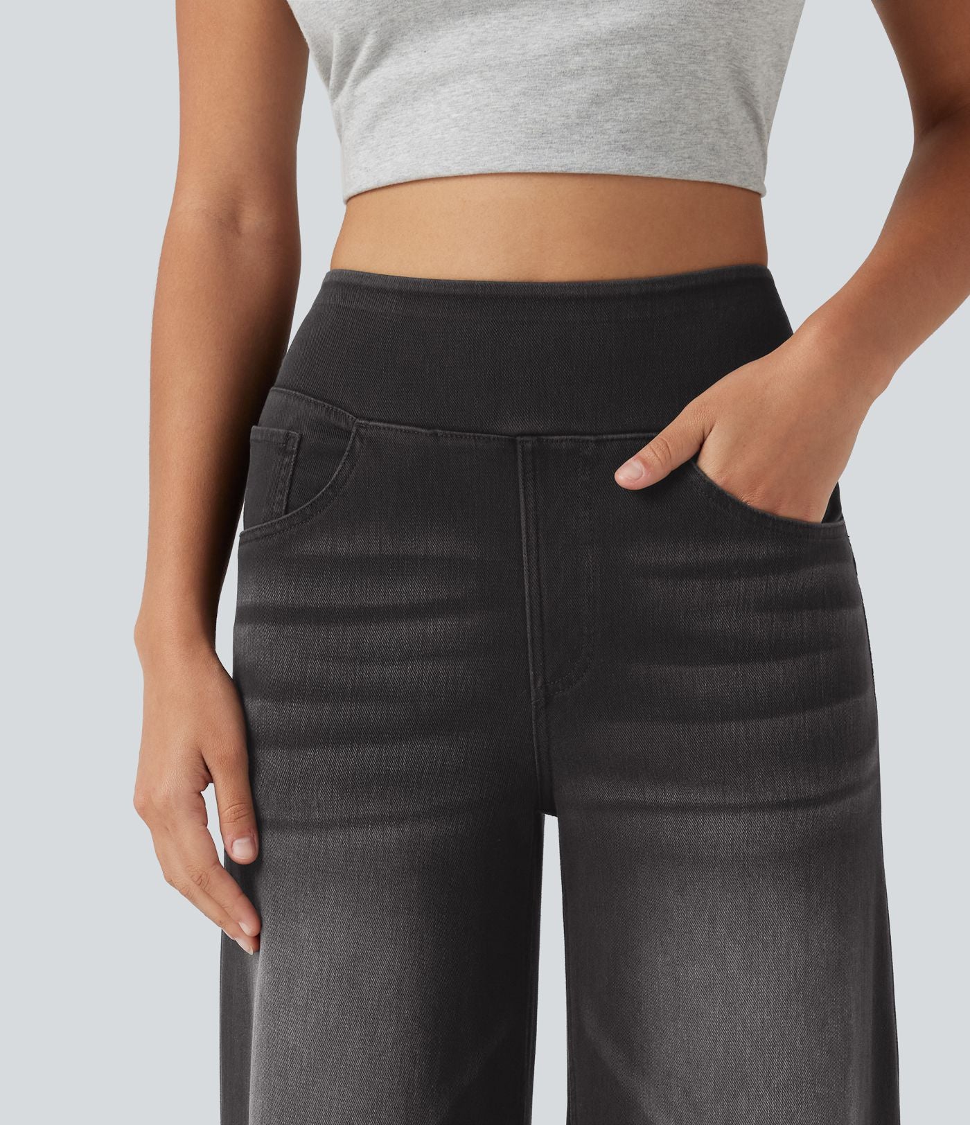 Jean décontracté Halara Flex™ large taille haute effet délavé avec poches