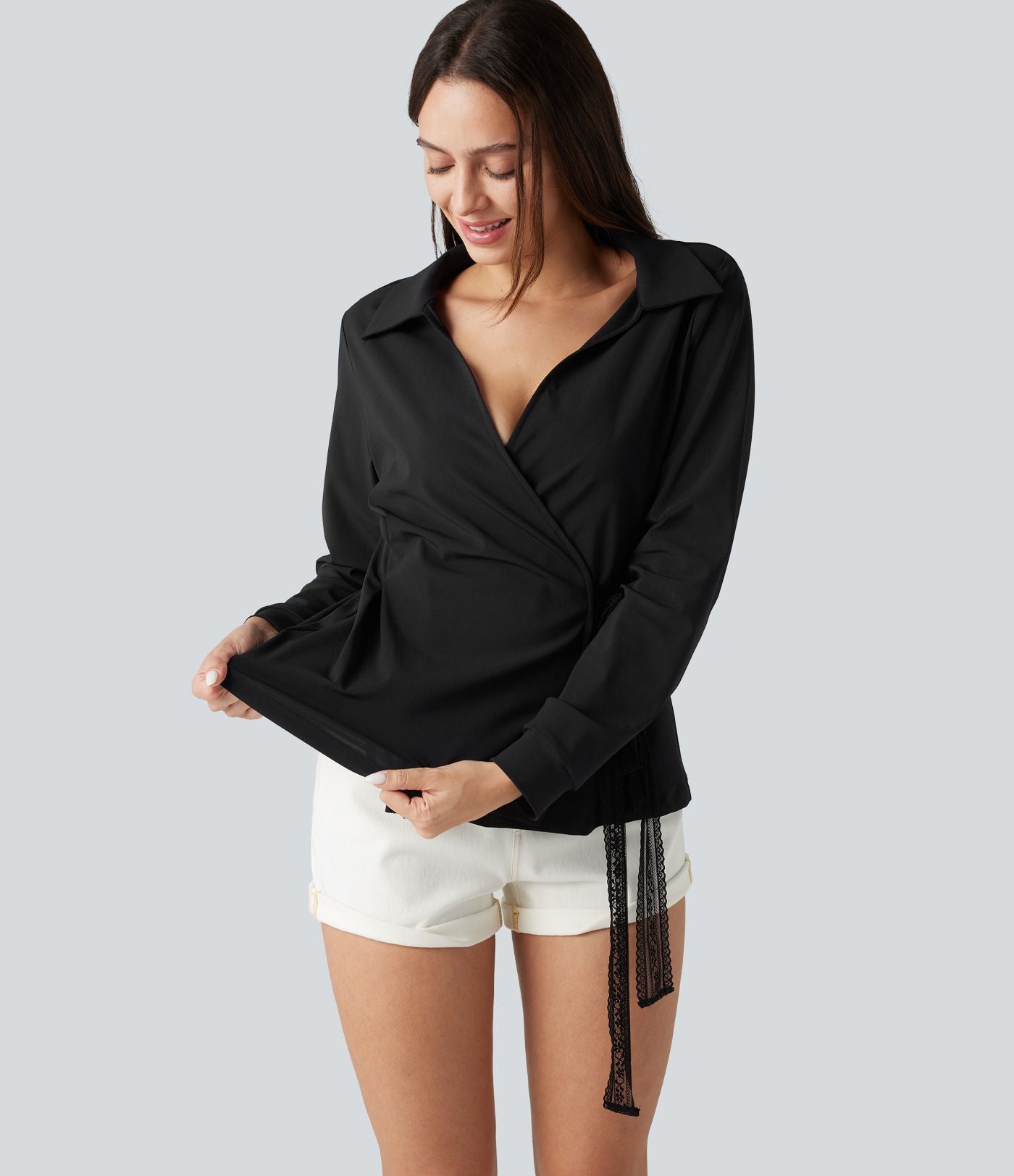 Chemise de travail à manches longues, à lacets contrastés sur les côtés, infroissable et à séchage rapide