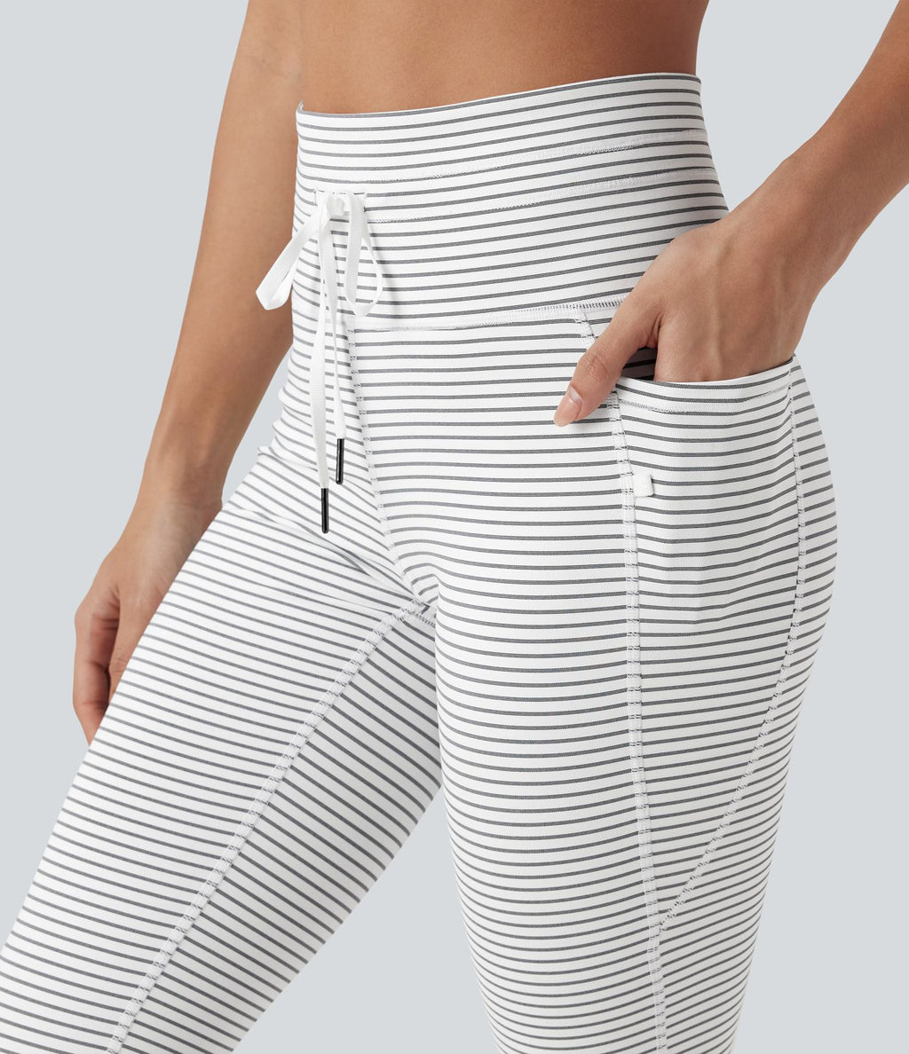 Legging 3/4 de yoga taille haute à rayures avec cordon de serrage et poches