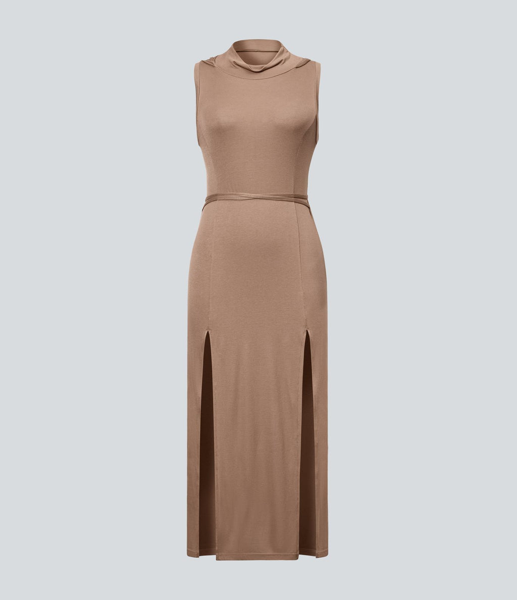 Robe Casual Midi 2 Pièces Capuche Col Montant Sans Manches Fendue avec Découpe Dos Nœud Côtelée