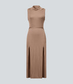 Robe Casual Midi 2 Pièces Capuche Col Montant Sans Manches Fendue avec Découpe Dos Nœud Côtelée