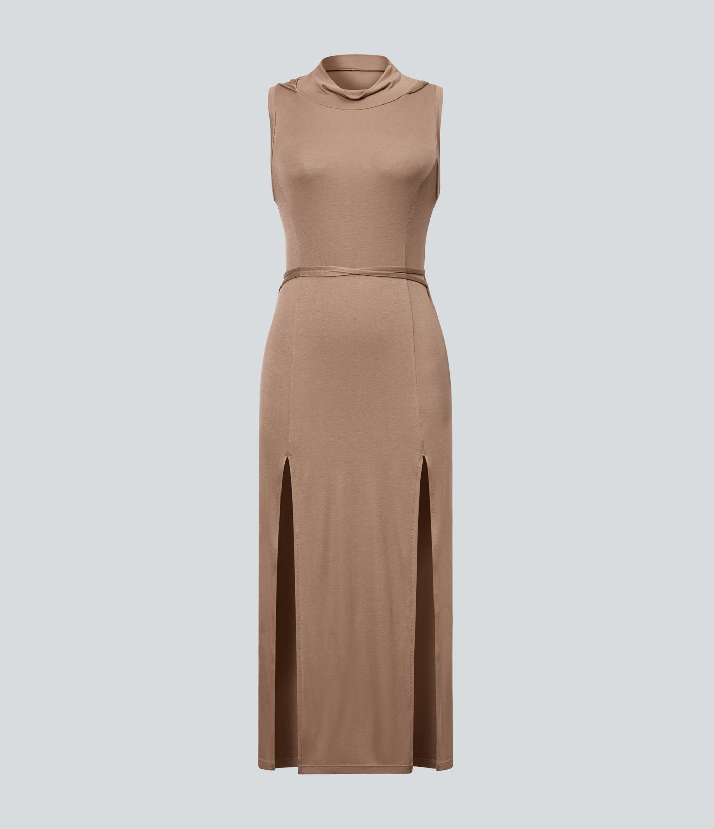 Robe Casual Midi 2 Pièces Capuche Col Montant Sans Manches Fendue avec Découpe Dos Nœud Côtelée