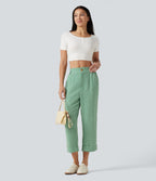 Pantalon 7/8 décontracté aspect lin à carreaux taille haute avec poches
