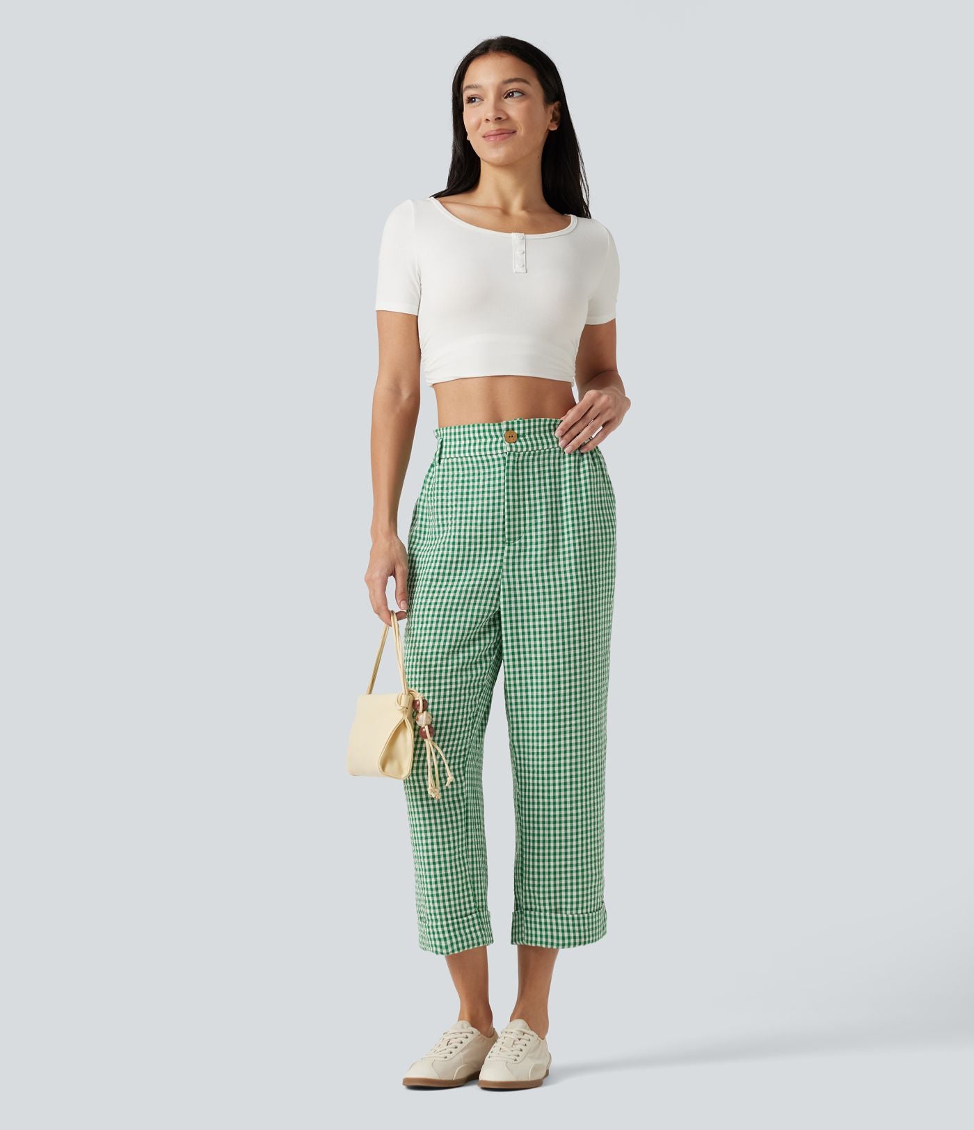 Pantalon 7/8 décontracté aspect lin à carreaux taille haute avec poches