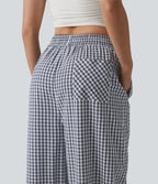 Pantalon ample décontracté à carreaux vichy, taille mi-haute, cordon de serrage et poches