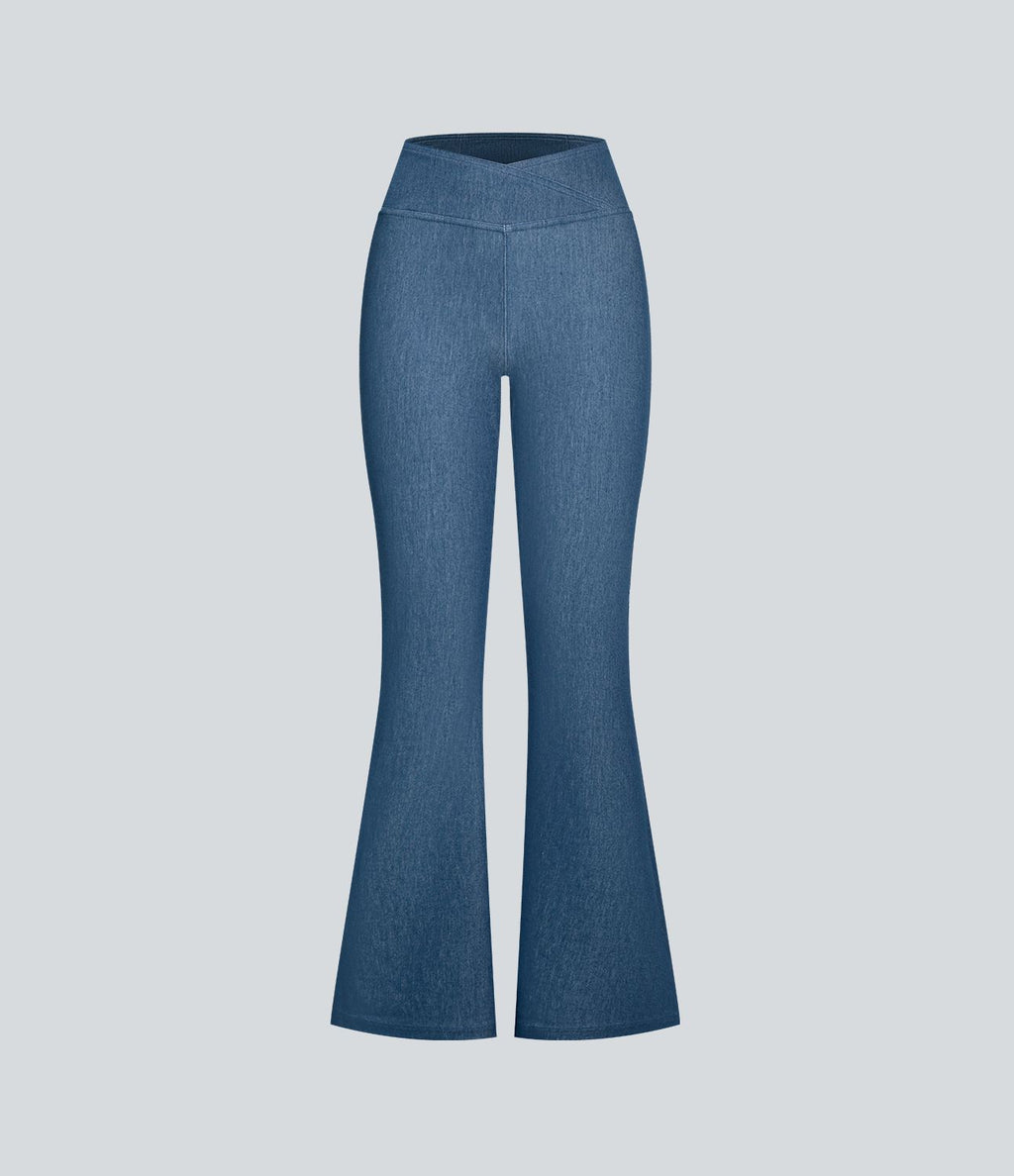 Halara Flex™ Jean Évasé Casual en Tricot Stretch Taille Haute avec Dos Croisé et Poches