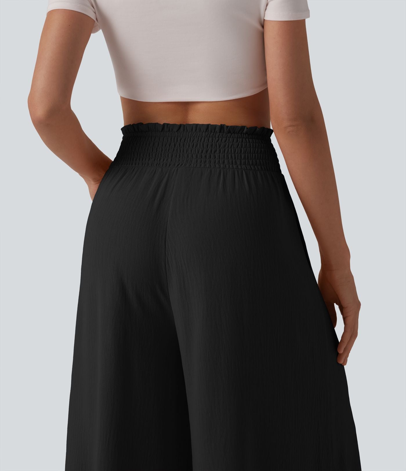 Pantalon fluide décontracté taille haute froncé aspect lin avec poches