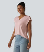 T-shirt décontracté col V manches courtes boutons décoratifs
