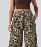 Pantalon large décontracté imprimé léopard taille mi-haute avec poches