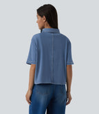 Halara Flex™ Chemise casual à manches courtes en denim lyocell drapé avec poches