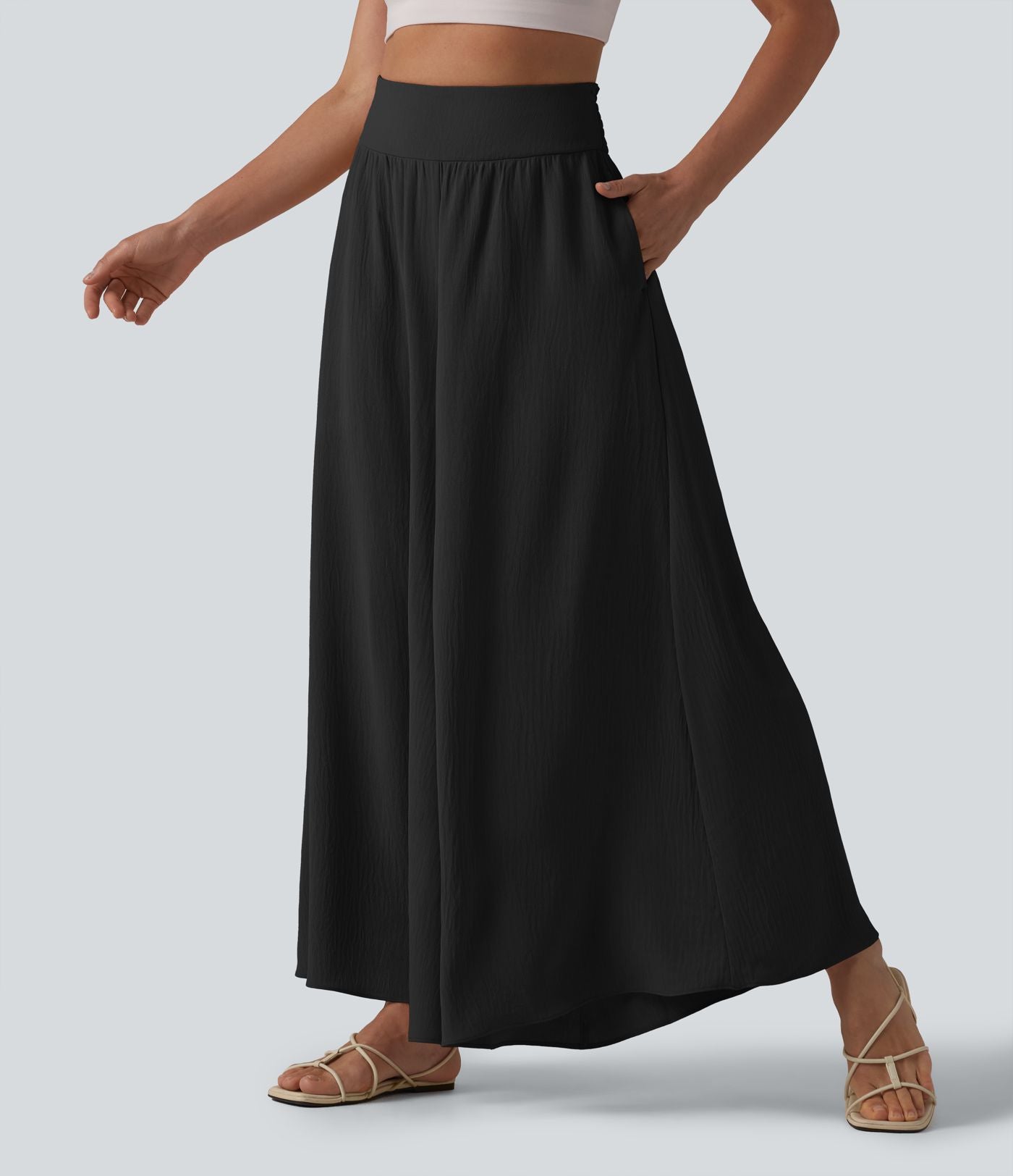 Pantalon fluide décontracté taille haute froncé aspect lin avec poches