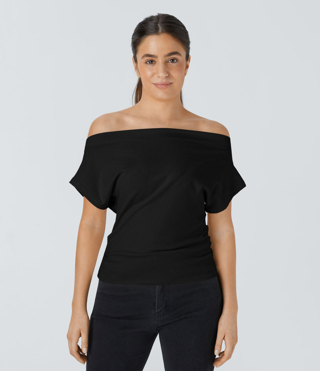 Top Casual Épaules Dénudées Manches Courtes Ruchées
