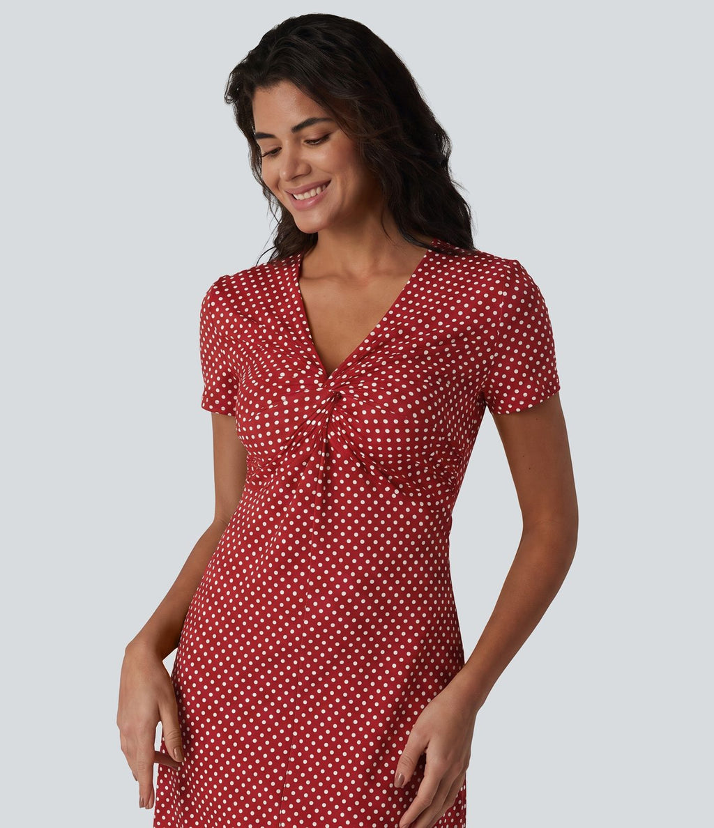 Robe casual à col V, manches courtes et imprimé à pois longueur genou