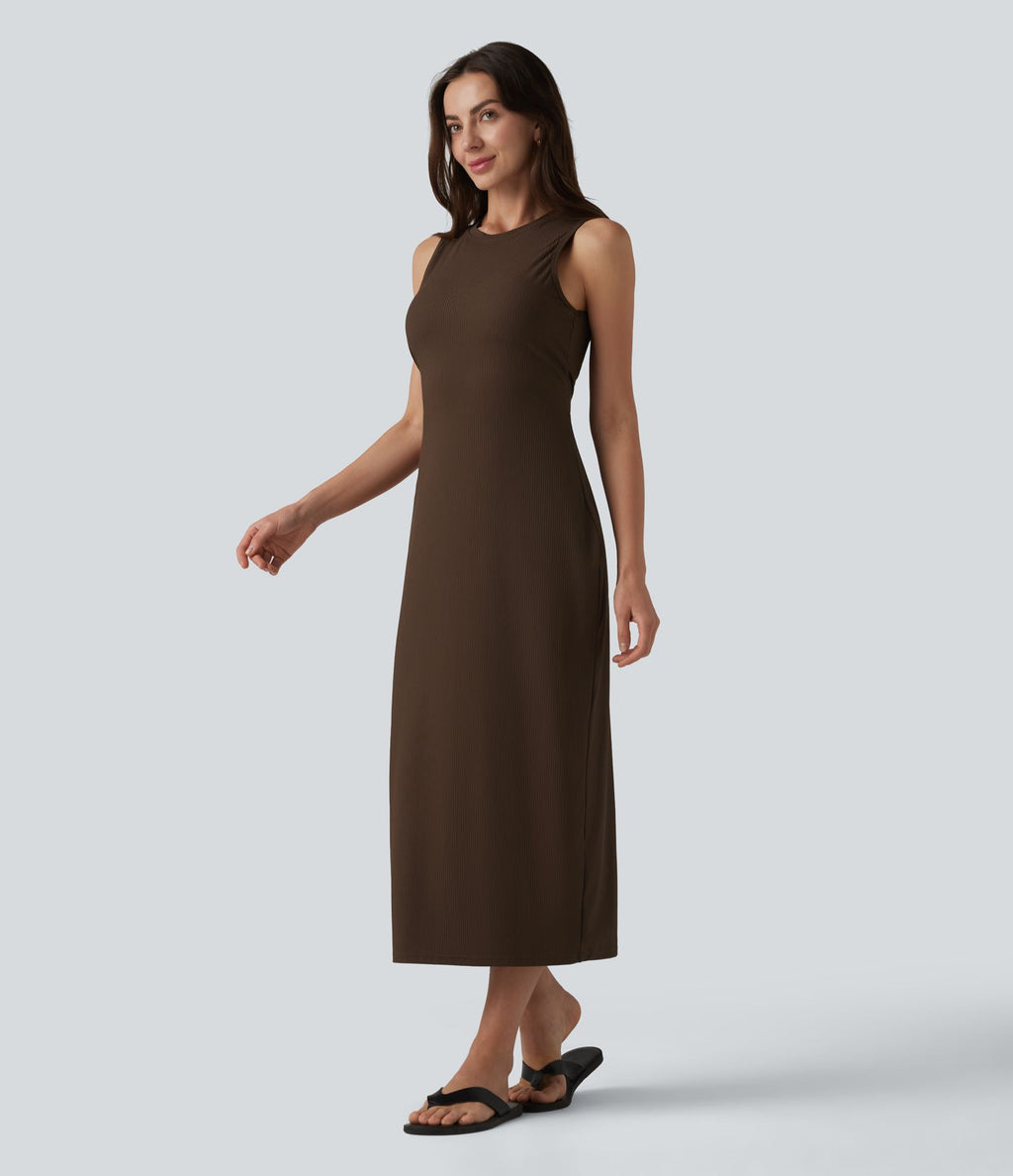 Robe midi moulante décontractée côtelée à col rond sans manches avec soutien-gorge intégré