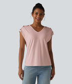 T-shirt décontracté col V manches courtes boutons décoratifs