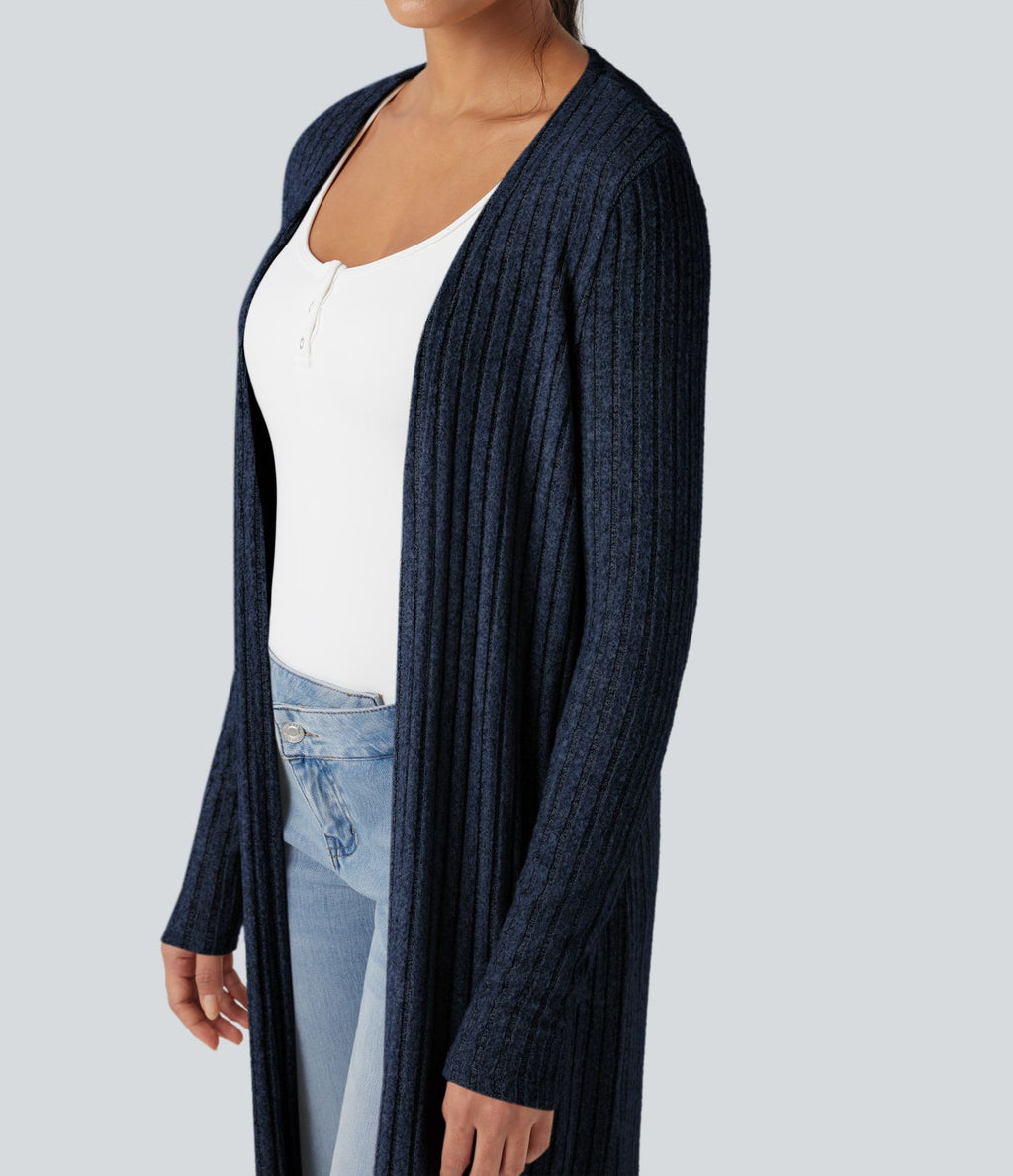 Manteau long décontracté maille côtelée manches longues avec fente