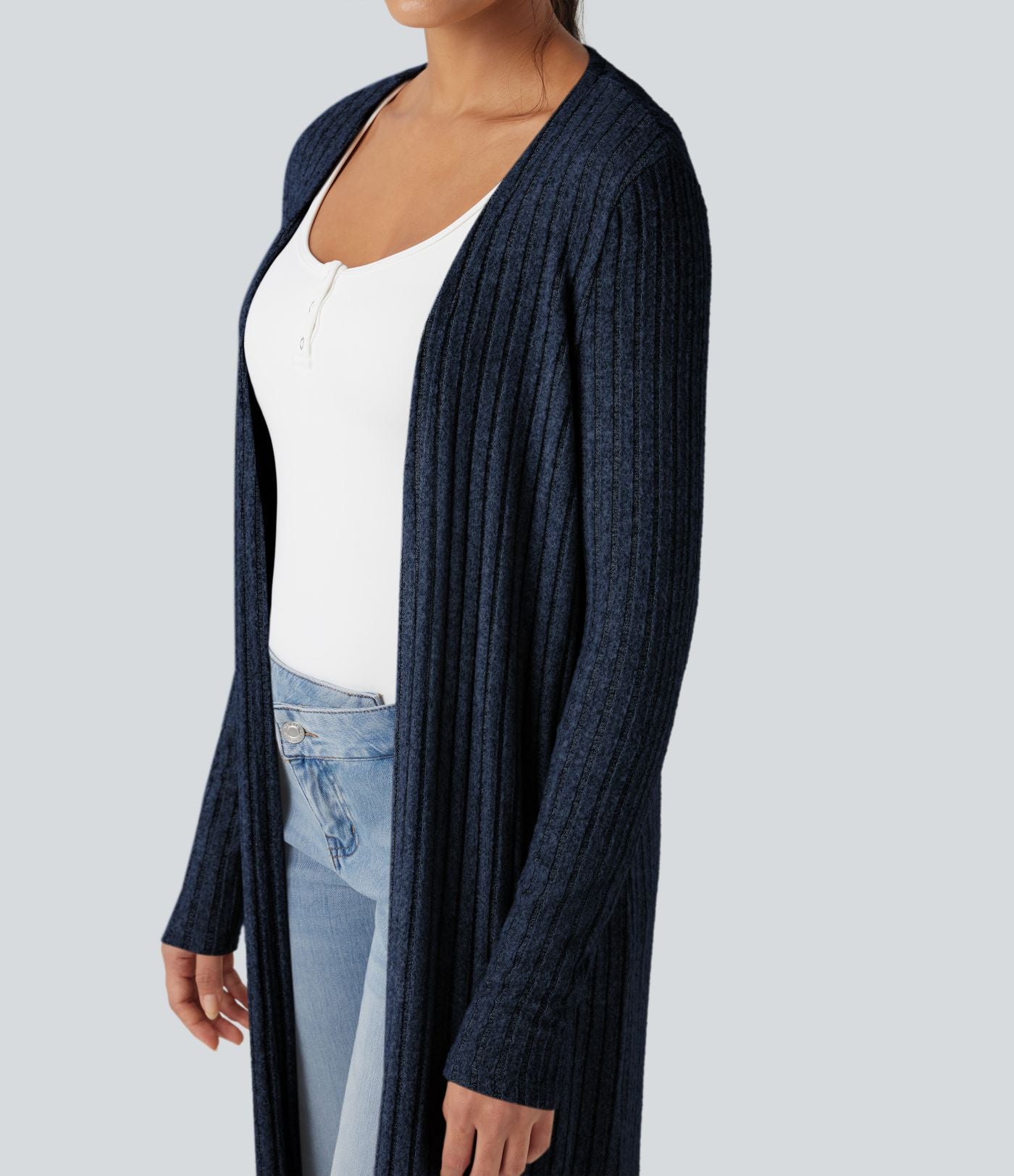 Manteau long décontracté maille côtelée manches longues avec fente