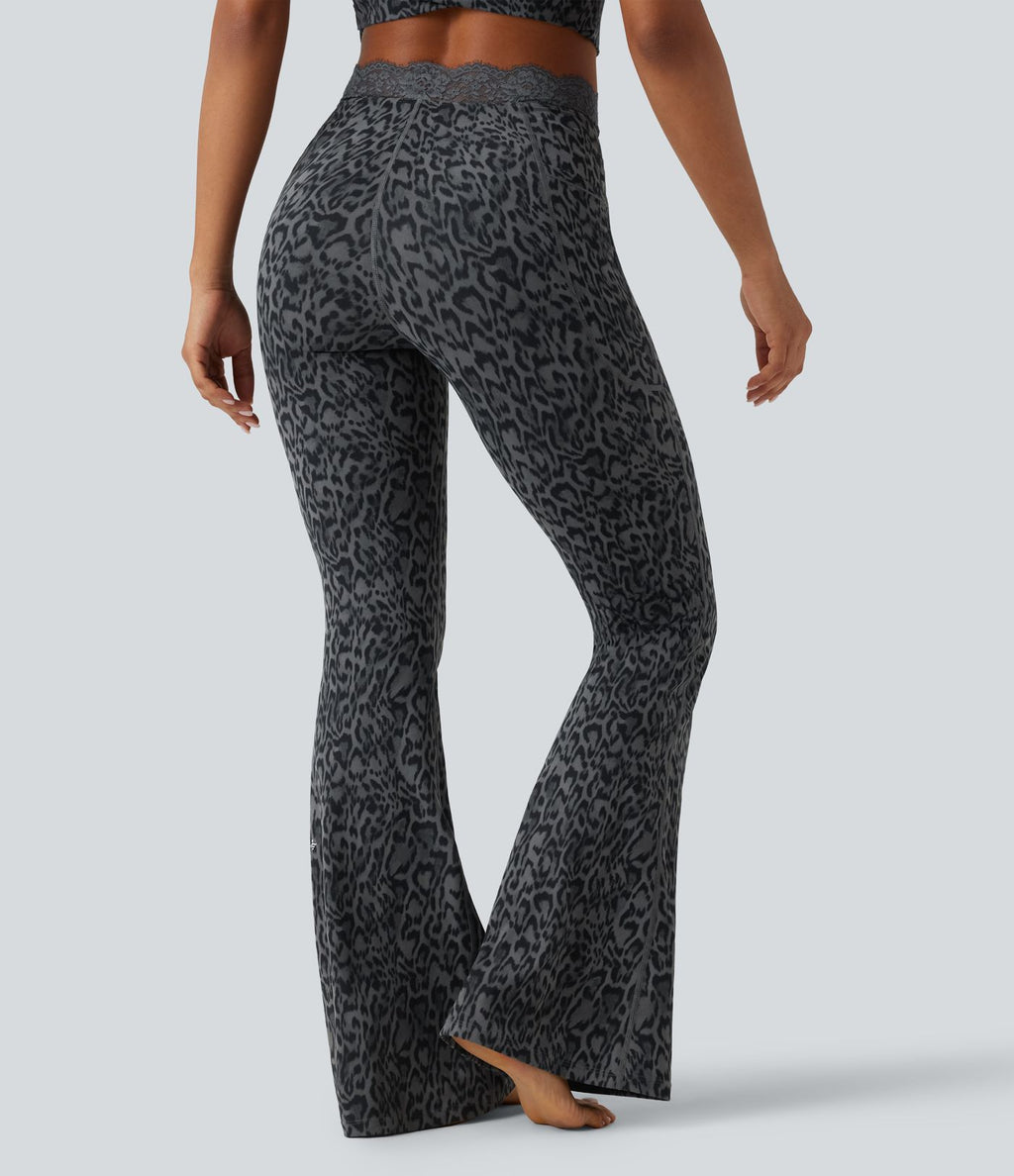 Legging yoga Halara UltraSculpt™ flare taille haute avec ceinture en V imprimé léopard, dentelle contrastée et poches